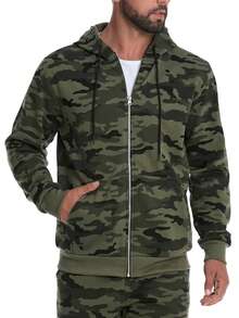 Herren Camouflage Reißverschluss Kapuzenpullover, weiches Mischgewebe, warme Thermofütterung, Tasche, Outdoor Sport, Herbst/Winter, Langarm Oberteil - Armeegrün - Übersicht 4