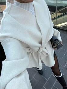 1 件女士纯色梭织面料打结腰部羊毛大衣，休闲秋冬 - 米色 - 查看 3