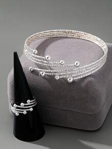 Juego de brazalete y anillo de apertura sencilla con múltiples círculos, estilo clásico retro (sin estuche de regalo)