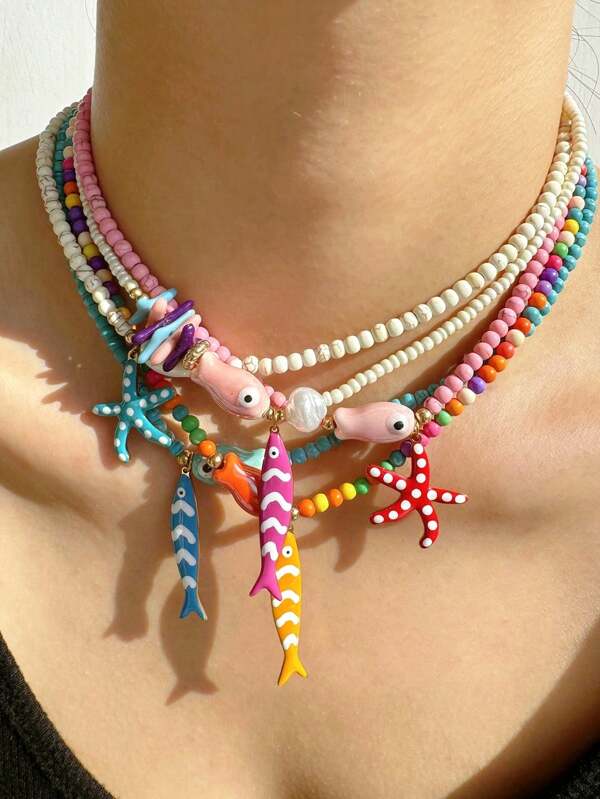 1pc Bohemian Style Colorful Beaded Stainless Steel Oil Drop Starfish & Fish Pendant Necklace, Minimalist Elegant Beach Vacation Jewelry, Versatile Ocean Themed Accessory