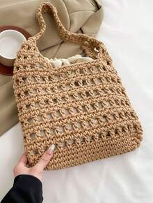 BAILEE 1 件全新米色镂空编织沙滩钱包，优雅轻便耐用单肩托特包，适合女士夏季海滩外出、度假和日常使用沙滩包 - 彩色 - 查看 12