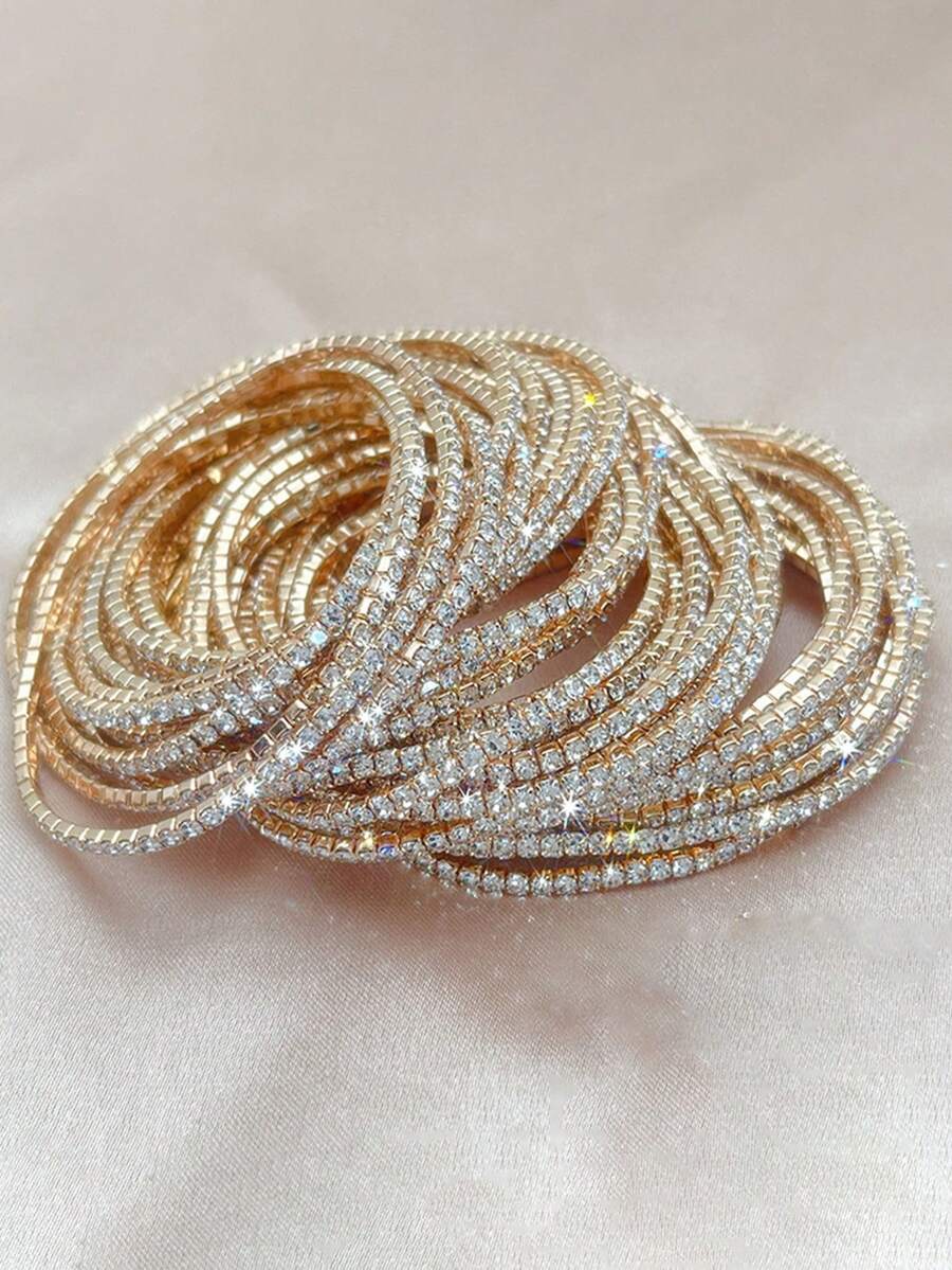 1pc/6pcs/12pcs Gold Single Row Cubic Zirconia Tennis Bracelet Elastic Bangle, Multilayer Street Style Jewelry For Women