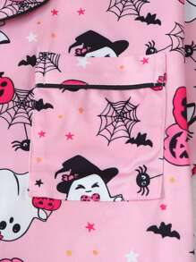 2pcs/Set Funny Pink Ghost & Pumpkin Print Short Sleeve Polo Collar Top And Bow Shorts Pajama Set For Women, Suitable For Halloween