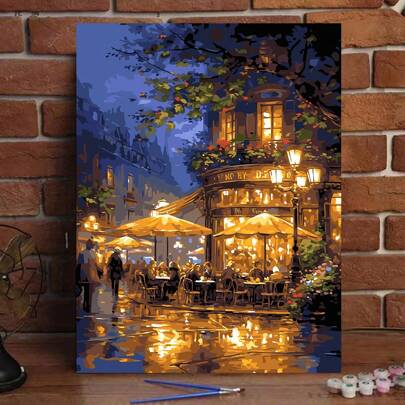 Adult Digital Painting: From Beginner To Advanced Digital Painting Kit - Fun Adult DIY Art And Craft Project - Kit Includes - Canvas Painting, 3 Brushes, Acrylic Paints, Home Decor Art Kit (Night Street Cafe, 16x20 Inch Unframed)