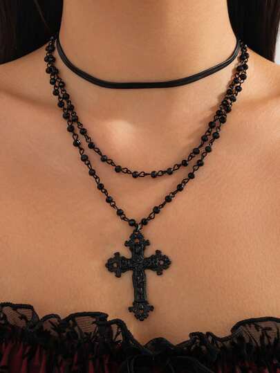 2pcs Minimalist Vintage Cross Pendant Crystal Necklace, Dark Style Layered Metal Choker Necklace, Suitable For Party, Gift, Daily Wear