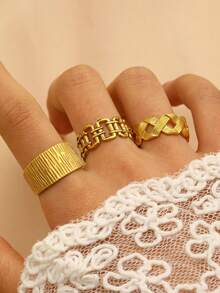 3pcs/Set Stainless Steel Textured Line Design Rings, Fashionable Casual Versatile Rings Set, Suitable For Women Daily Wear, Great Gift For Friends, Quality Jewelry Accessory - Yellow Gold - View 1