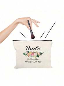 1 pieza Bolsa de emergencia de maquillaje para el día de la boda de la novia - Neceser de maquillaje personalizado de poliéster, bolsa de almacenamiento con cremallera ligera, lavable a máquina, no se destiñe, plegable - Bolsa de aseo de color blanco de moda, esencial para viajar, adecuado para la escuela, vacaciones, vuelta al colegio, bolsa de viaje para mujeres - Ver 5