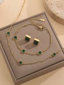 不鏽鋼防水金色與綠色立體切割鋯石項鍊、手鍊、耳環套裝,非常適合女性日常佩戴 - 綠色 - 查看 1