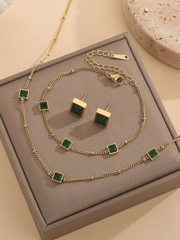Conjunto De Collar, Pulsera, Aretes De Acero Inoxidable A Prueba De Agua Con Circonita Cúbica Dorada Y Verde, Perfecto Para Uso Diario De Las Mujeres