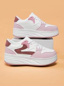 1 Pair New Kids Shoes, Transformable Detachable 4-Wheel Black & White Lace-Up Round Toe Low-Top Colorblock Children Roller Skate Shoes, Versatile For Indoor And Outdoor Wear, All Seasons