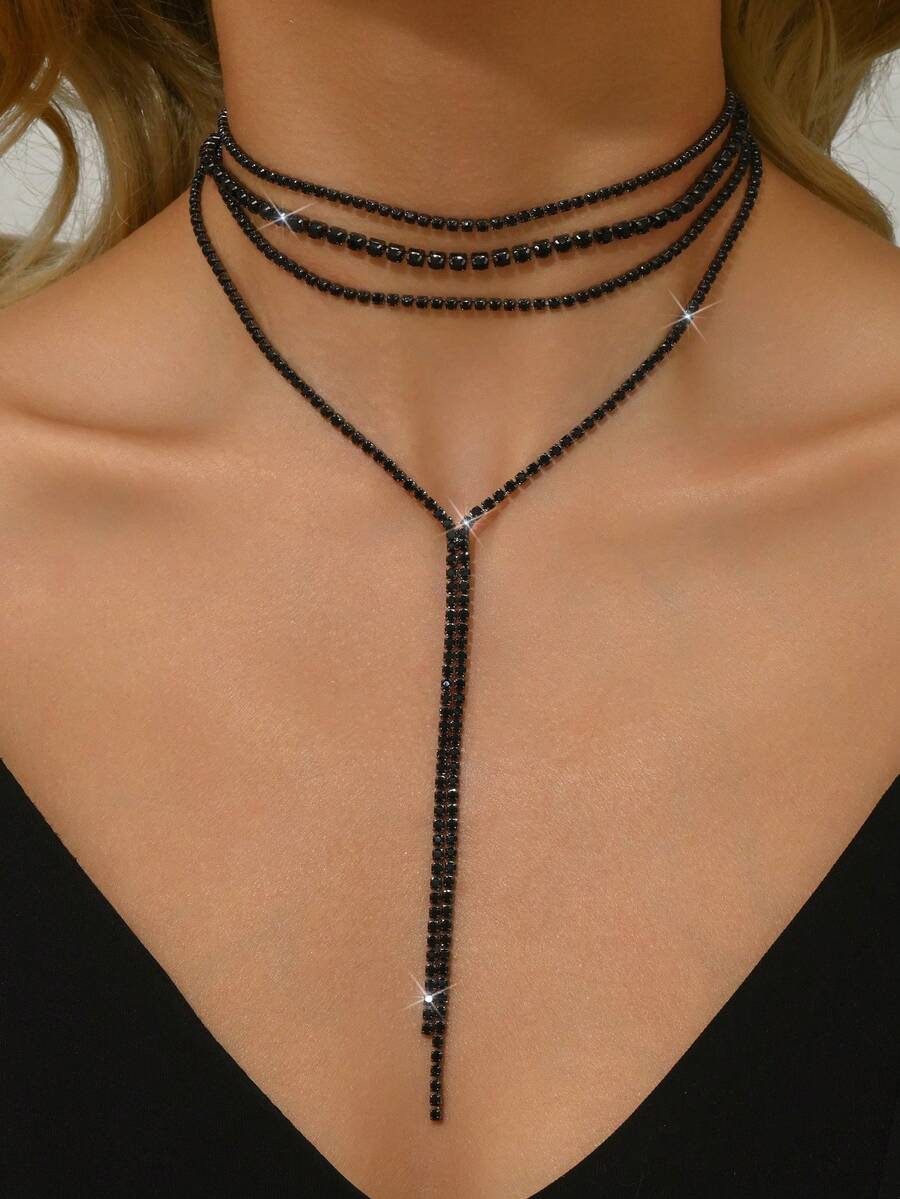 1piece Luxurious And Elegant Style, Black/White Multi-Layered Tassel Necklace Sparkles Rhinestone Brides, Delicate Temperament Accessories For Banquets And Weddings, Creative Gifts