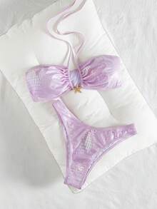 wohenmeili 时尚新款亮面印花性感比基尼女式两件套，配可爱星星配饰，个性化沙滩派对泳装 - 淺粉色 - 查看 2