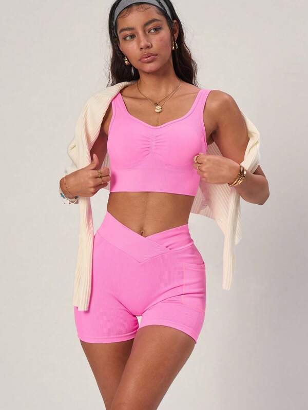 PinkTip "Cross-Back Contour Sports Bra & Crossover Waist Cycling Shorts Set 4Way Stretch Pockets & MoistureWicking Fabric High-Intensity Support For Yoga, Gym & Outdoor Training"