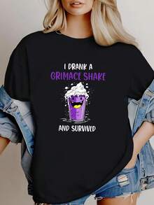 180g Pure Cotton I Drank A Grimace Shake And Survived Black T-Shirt Top For Everyday Wear Designer Clothes Soft Comfortable Casual Streetwear Unisex Breathable Slightly Graphic For Women Homme Versatile Stretched Stylish Summer Print Round Neck Short Sleeve Fashion