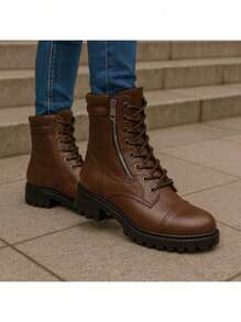 Women's Combat Boots With Zipper, Lace-Up, Tractor-Mode Winter Military Fashion, Comfortable