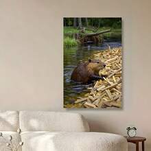 Framed Beaver Building A Dam With Wood Chips,  - Contemporary Wall Art For Living Room, Bedroom, Office, Dining Room, Bar - Unique Wildlife Decor, Perfect Gift Idea, Indoor Wall Decor|Natureinspired Design|Highquality Print, Beaver Decor