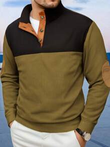 Men's Color Block Corduroy Casual Half Open Chest Long Sleeve Polo Shirt
