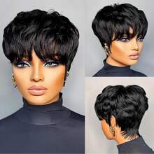 Short Bob Wig For  Pixie Cut Wigs  Glueless Wig None Lace Front Wig With Bangs Natural Black Straight Full Machine Made Short Layered For Daily Use - Black - View 1