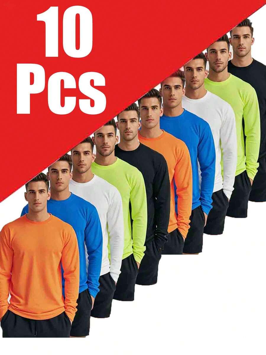 Quick Dry 10-Pack Men's Crew Neck Long Sleeve T-Shirts - 100% Polyester Breathable Sunscreen Knit Fabric - Casual Solid Color Pullovers For Sports & Leisure - 多色 - 查看 1