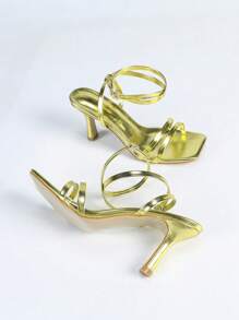 Gold Strap Square Toe High Heel Sandals, Strap Design, Sexy & Lightweight High Heel Sandals, Suitable For Commuting, Shopping, Night Out, Fashion Party