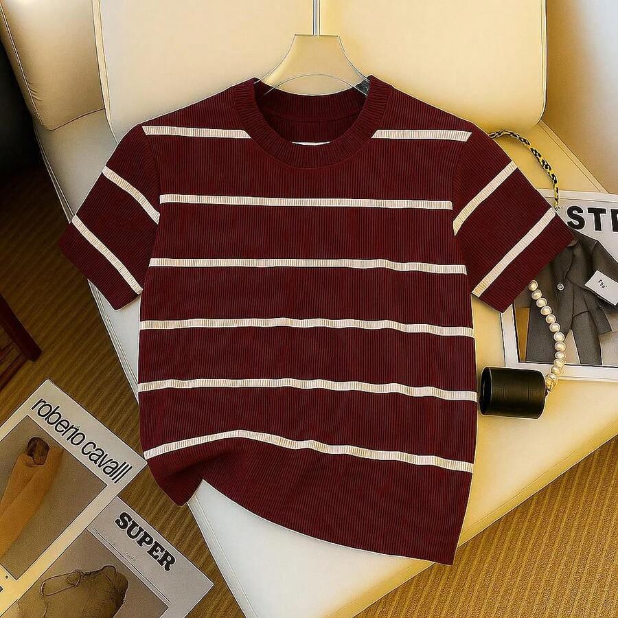 Women's Striped Short Sleeve Basic Cotton Blouse - 紅木色 - 查看 1