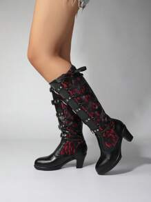 Botas altas de tacón grueso góticas y punk para mujer, para boda, novia, fiesta, Halloween, con cremallera trasera, hebilla, encaje, tacón de bloque, cordones, tacones altos rojos