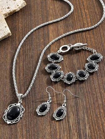 1 set turkos halsband, örhängen, armband bohemiskt vintage smyckeset