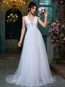 Women Fashion V-Neck Simple Elegant Romantic Formal Wedding Dress Event Homecoming Party Gowns Bachelorette Bridal Shower Engagement Reception Dresses - White - View 6