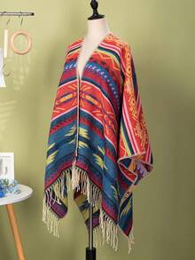 1 Pieza de Chal Retro con Flecos de Jacquard para Calentar y Proteger del Sol, Cárdigan Grueso Oversize, Chal de Viaje Retro, Chaqueta Vaquera a Prueba de Viento