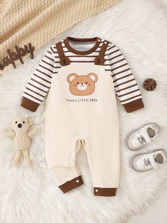 Cute Bear Print Faux Suspender Striped Contrast Color With Ear Jumpsuit For Baby Boys, Long Sleeve Round Neck, Spring/Autumn