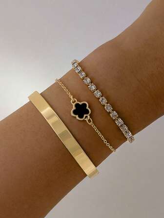 3pcs Minimalist Versatile Personalized Fashionable Alloy Rhinestone Clover Bracelet Set, Geometric Smooth Bangle Suit, Suitable For All Occasions, Ideal Gift