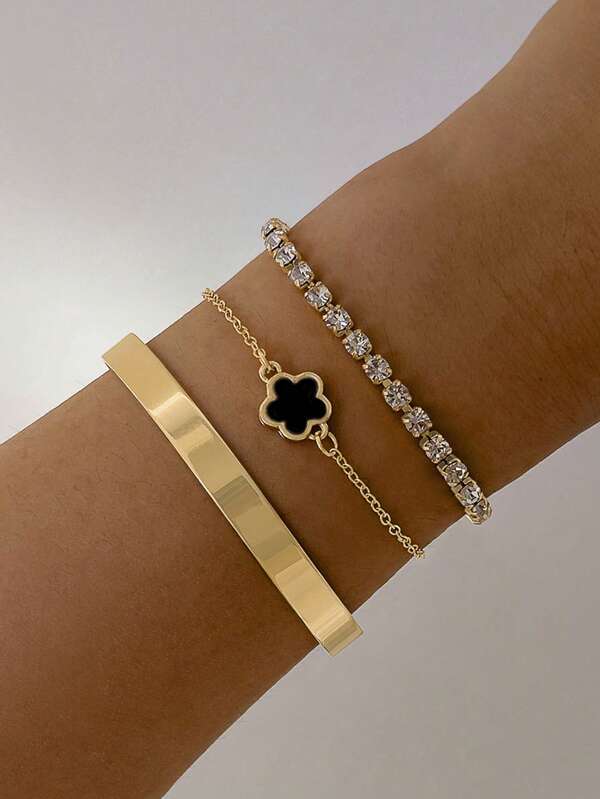3pcs Minimalist Versatile Personalized Fashionable Alloy Rhinestone Clover Bracelet Set, Geometric Smooth Bangle Suit, Suitable For All Occasions, Ideal Gift