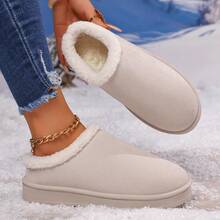 女士米色毛绒保暖雪地靴，时尚软底毛绒衬里冬季拖鞋，防滑舒适雪地靴 - 米色 - 查看 1
