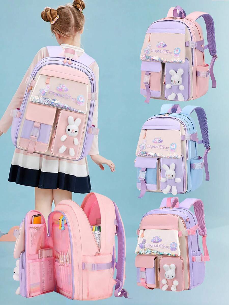 Girls Backpack Cute Bunny Design, Adjustable Shoulder Straps, Lightweight Nylon Student Backpack, Lunch Box ,Zipper Closure, Girl's Duffel Bag School Season Gift