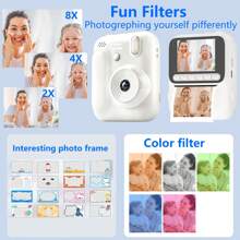 Cameră foto instantanee pentru copii cu video HD 1080P, baterie reîncărcabilă de 1300mAh, obiectiv cu zoom 8X și 2 moduri de imprimare - Cameră digitală cu 4 role de hârtie color și 4 jocuri, cadou perfect pentru băieți și fete cu vârste cuprinse între 3 și 12 ani, 12+, mini cameră instantanee, fotografie distractivă, design potrivit pentru copii, construcție durabilă, fotografi tineri