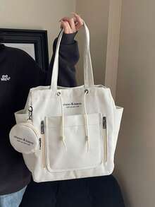 大容量手提包，含零钱包，尼龙材质，带手柄手提包，字母印花，时尚背包，休闲购物袋，学生书包 - 彩色 - 查看 3