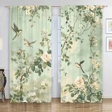 2Pcs Elegant Bird Floral Curtains Green Garden Print Window Drapes, Fresh Nature Style Flying Birds Rose Pattern Sheer Curtains, Light Filtering Panels For Living Room Bedroom Study Office Home Decor, Rod Pocket Design - Hoa oải hương - Xem 3
