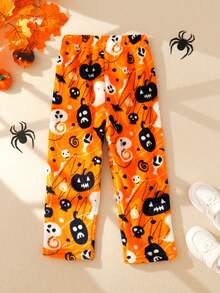 Pantaloni in flanella con stampa asimmetrica di pipistrelli e fantasmi, adatti per Ognissanti, autunno/inverno, moda casual per studenti, taglia 3-7 anni