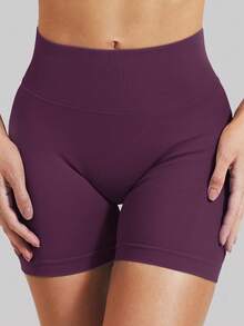 女士无缝提臀运动短裤，适合健身房锻炼、骑行、跑步，黑色紧身裤，夏季款 - Bold Plum - 查看 4