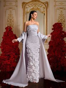 A Light Gray 3D Petal Beaded Embroidery Satin Strapless Long Cape Mermaid Luxury Evening Gown Party Spring Wedding - Mauve Purple - View 10