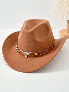 1pc Unisex Retro Western Cowboy Hat With Horn Pattern, Suitable For Casual Wear, Western Cowboy Party - Brown Leather Rivet Bull Head Hat - View 13