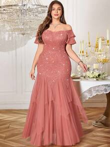 露肩荷叶袖亮片花卉蕾丝撞色网纱荷叶边下摆晚宴长裙、舞会礼服、婚礼宾客礼服、情人节礼服、夏季礼服、生日、返校节、毕业典礼、节日等场合适用 - 藕粉色 - 查看 5