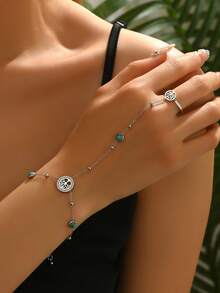 1 件时尚生命树绿松石不锈钢全指环手链，适合女士，宫廷风格高端品质庆祝派对优雅珠宝 - 金黃色 - 查看 3