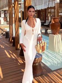 女式性感透视镂空 V 领长袖针织罩衫长裙，适合海滩度假、春夏季 - 白色 - 查看 4