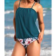 Women 2 Piece Bandeau Tankini Bottom For Tummy Control Stylish Loose Blouson Top Paired With Summer Beachwear - 藍色粉紅色花卉 - 查看 3