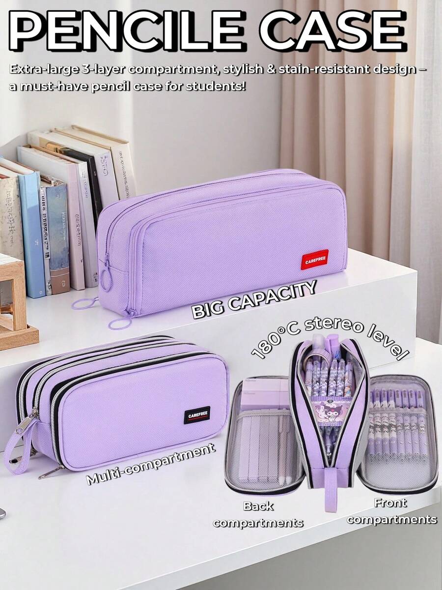 1PC/2PCS 多隔层简约女孩文具盒 - 多功能考试铅笔盒，适合学校使用（高美学设计） - 彩色 - 查看 1