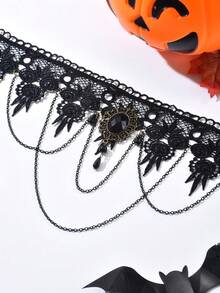 1 pieza Collar gargantilla con colgante de gota de agua con flecos de encaje estilo gótico, adecuado para fiestas de Halloween, reuniones con amigos - Negro - Ver 4