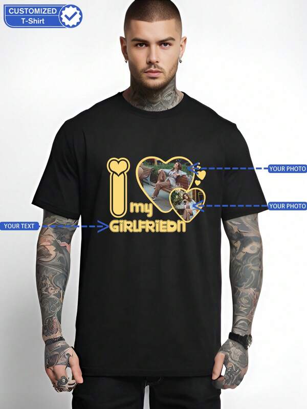 Camiseta de manga corta holgada con estampado personalizado para hombre, ideal para fiestas con la novia, combinación de pareja. Sube la imagen de tu novia para crear una camiseta personalizada con estilo, moda, básica/de calle. Regalo ideal para él, novio, familia, amigos para cumpleaños, vacaciones/fiestas