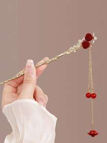 1个中国风发夹，女士高端发髻造型发饰，天鹅绒玫瑰装饰优雅发髻夹，适合日常佩戴、拍照、派对、情人节、返校穿搭，传统中国风发饰，端庄优雅，发髻延长器，发髻假发，发髻造型器，发夹，发卡，发饰，学习用品，发卡，头部饰品