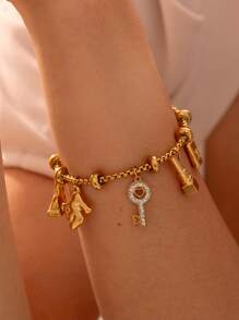 MiDuoDuo 1 Peça Pulseira Vintage Ajustável de Aço Titânio Banhada a Ouro 18K com Pingente de Strass, Joia Estilo Europeu e Americano Ins para Mulheres